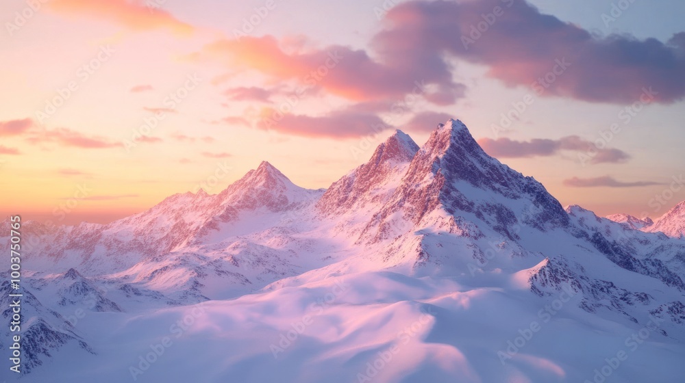 Snow-capped mountains at sunset, showcasing a serene landscape bathed in soft light. Snow-capped mountains at sunset, showcasing a serene landscape bathed in soft light.