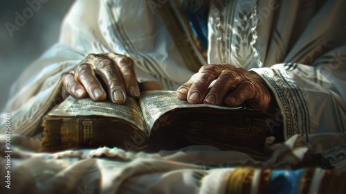 Vertical photo Close up of a Jew with tallit reading the siddur on Shabbat photo