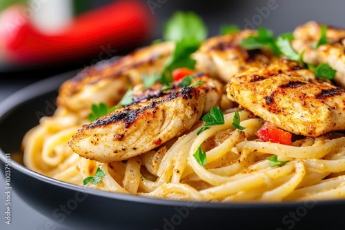 A close-up of Cajun chicken pasta with fire-grilled chicken, paprika, and red peppers in the background, on a black plate. Food photography, front view.