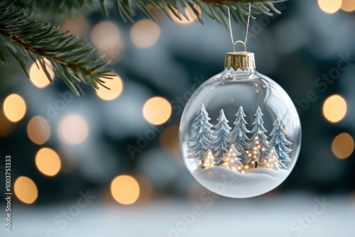 A glass ornament with a house and trees inside. The ornament is hanging from a tree branch. The scene is set in a snowy environment, with the house and trees appearing to be in a winter wonderland
