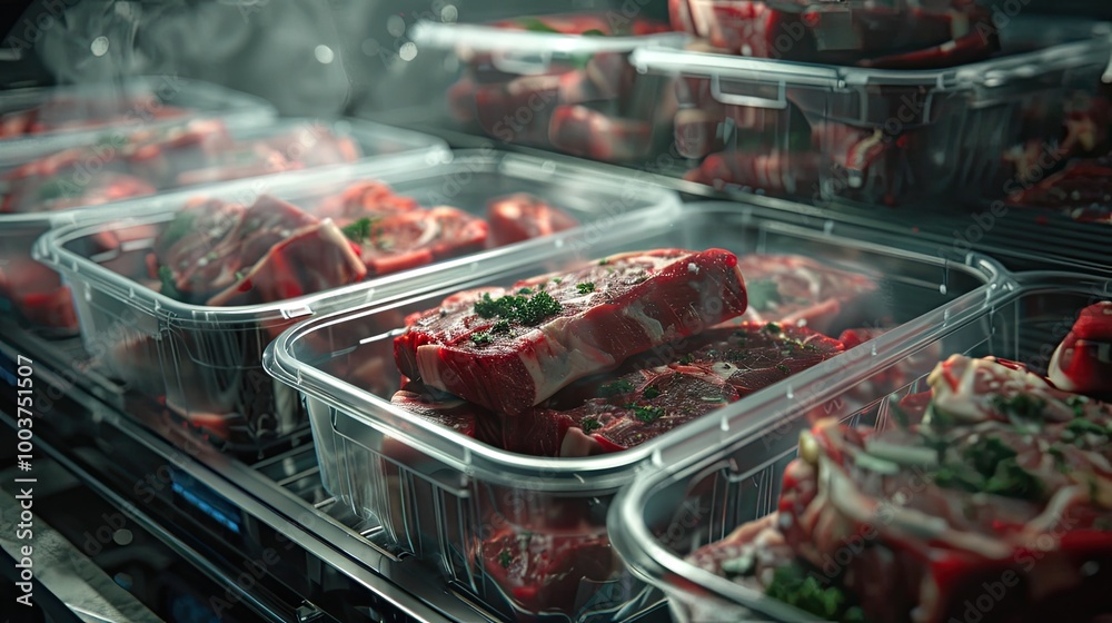 Plastic containers filled with various cuts of meat ready for processing or distribution in a food industry setting Plastic containers filled with various cuts of meat ready for processing or distribution in a food industry setting