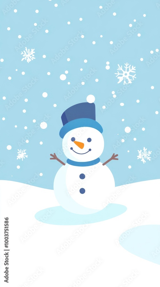 A snow covered landscape with a snowman in the foreground. The snowman is wearing a hat and scarf and has a smile on his face. Concept of winter wonder and joy A snow covered landscape with a snowman in the foreground. The snowman is wearing a hat and scarf and has a smile on his face. Concept of winter wonder and joy