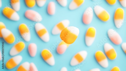 A close up shot of a colorful candy corn, with a playful and whimsical feel.