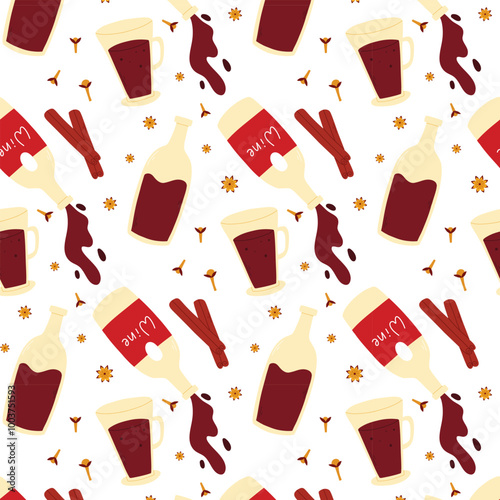 Seamless pattern with mulled wine in hand drawn style. Pattern with red wine grog with spices. Print with hot mulled wine. Vector illustration.
