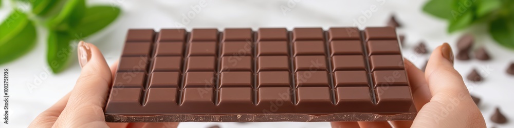 Chocolate bar in hand, wide panoramic banner with copy space. Chocolate bar in hand, wide panoramic banner with copy space.