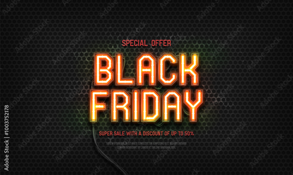 Obraz premium Black Friday neon sign. Promotion sale poster with neon lighting on dark background. Vector illustration.