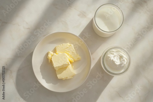 An aesthetically pleasing top view of dairy products including butter, yogurt, and cream