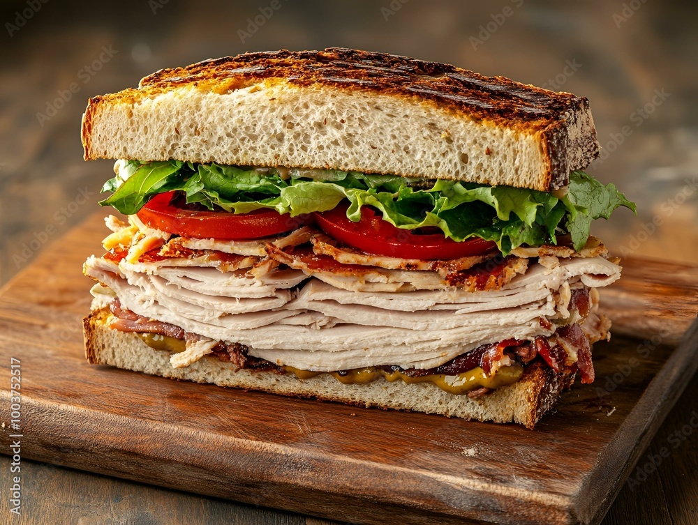 Gourmet Turkey Sandwich on Toasted Bread with Fresh Lettuce and Tomato Slices, Served on Wooden Board – Delicious Lunch Option. Gourmet Turkey Sandwich on Toasted Bread with Fresh Lettuce and Tomato Slices, Served on Wooden Board – Delicious Lunch Option.