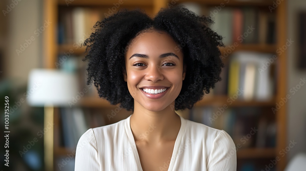 Woman with curly hair posing in front of bookshelves Woman with curly hair posing in front of bookshelves