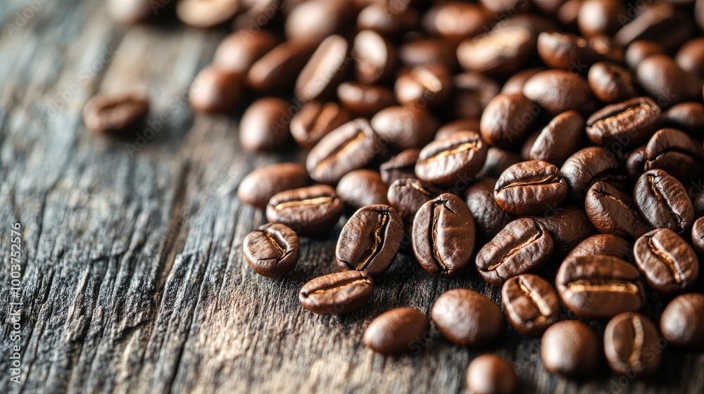 Freshly Roasted Coffee Beans on Rustic Wooden Surface Freshly Roasted Coffee Beans on Rustic Wooden Surface