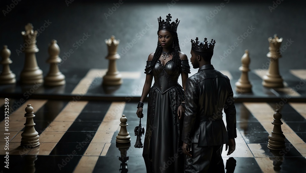 A black king and queen stand on a reflective chessboard. A black king and queen stand on a reflective chessboard.
