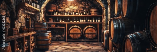 Elegant wine cellar featuring wooden barrels and neatly arranged bottles in a rustic stone setting. Generative AI photo