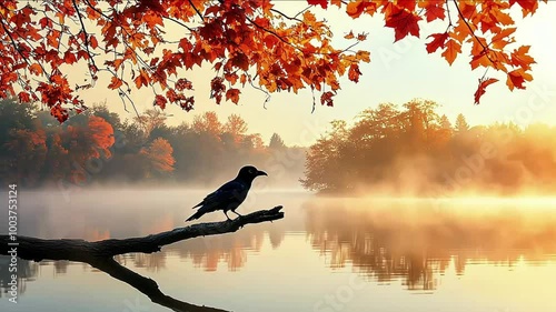 A curious bird sat on a leafy tree, viewing a peaceful lake where its reflection shimmered