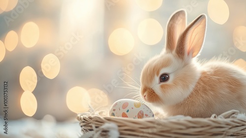 A close up portrait of a fluffy Easter bunny, its nose twitching as it carefully places a decorated Easter egg into a woven basket.