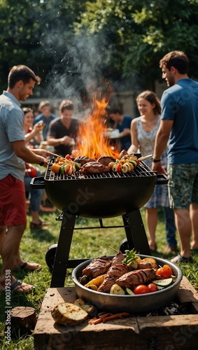 A bustling barbecue scene with various meats and vegetables grilling over an open flame while people enjoy the outdoors.