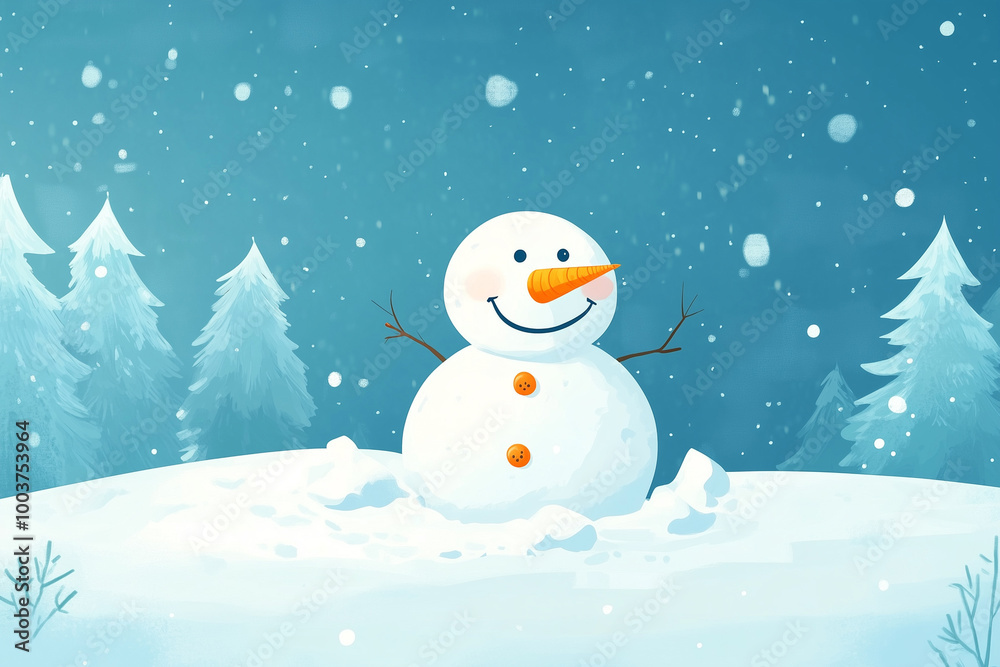 Fototapeta premium Snowman building a snow castle with a carrot nose and buttons. Flat style cartoon.