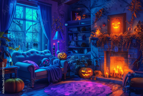 Wallpaper Mural A cozy Vintage Halloween-themed room illuminated with neon lights, glowing pumpkins, a warm fireplace, and spooky decor. Perfect festive atmosphere.

 Torontodigital.ca