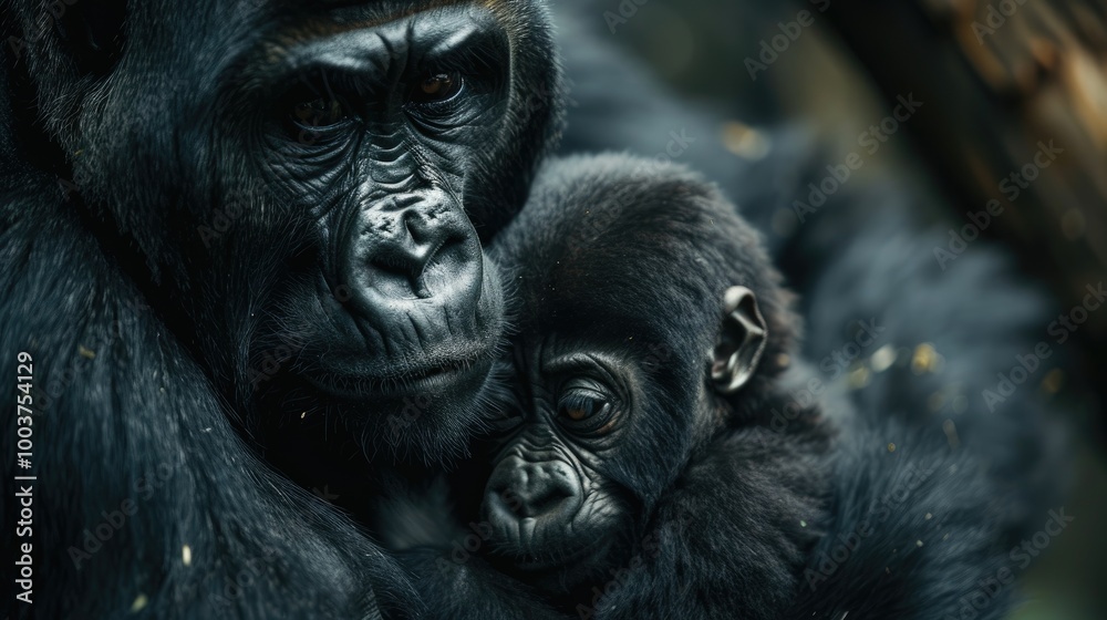Fototapeta premium Wild mountain gorilla mother with baby in the nature habitat Very rare and endangered animal close up African wildlife Big and charismatic creature Mountain gorillas Gorilla beringei beringei