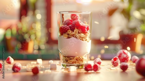 Breakfast cereal and yogurt with raspberry in glass for vegan healthy and crunchy meal in morning Fruit vitamin and dairy in container with protein for weight loss organic nutrition and diet photo