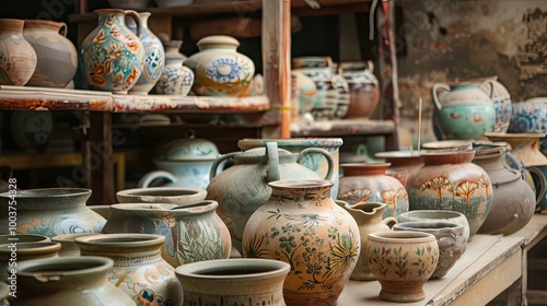 Traditional pottery products in Bat Trang ancient ceramic village photo