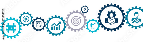 Business ecosystem and partnership banner vector illustration with the icon of business collaboration, strategy, value of network, solution, creativity, new opportunities, task relation, team building