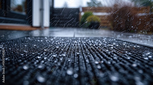 CLOSE UP DOF Black doormat covered with hailstones after a heavy summer storm A strong wind blew the precipitation all over the outdoor terrace Intense stormy weather situations in summertime photo