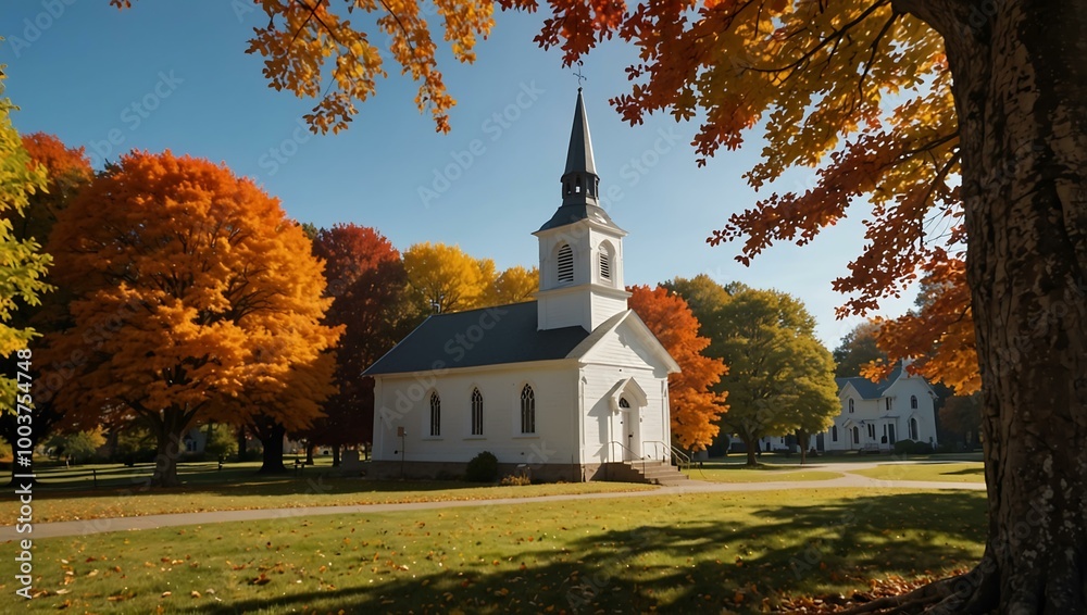 A camera pans around a church, showcasing vibrant autumn foliage. A camera pans around a church, showcasing vibrant autumn foliage.