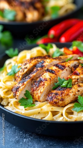 A close-up of Cajun chicken pasta with fire-grilled chicken, paprika, and red peppers in the background, on a black plate. Food photography, front view.