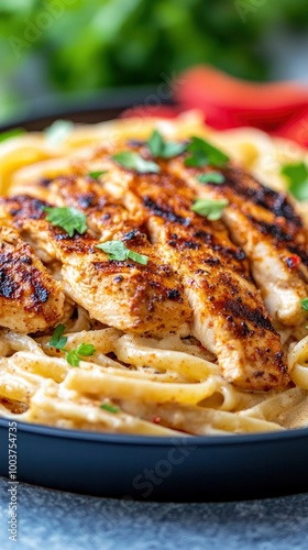 A close-up of Cajun chicken pasta with fire-grilled chicken, paprika, and red peppers in the background, on a black plate. Food photography, front view.