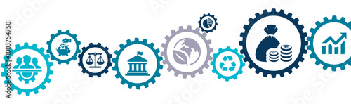 ESG Investing banner vector illustration with the icon of sustainable investing, social responsibility, investment, environmental, innovation, zero emission, ecology, capital, assets, teamwork