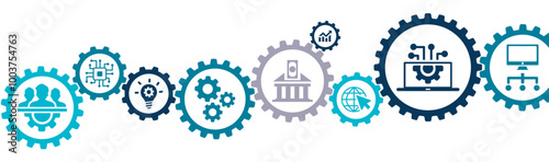 Digital Transformation banner vector illustration with the icon of technology, strategy, IOT, transformation, ideas, adaptation, network, cyberspace, networking, protection, information technology