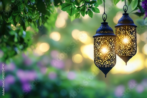 Lanterns hanging from a tree, one of which is lit. The scene is set in a garden with a blue sky and green leaves