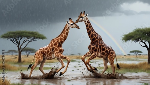 This captivating image captures a group of giraffes joyfully playing in a refreshing rainstorm on the African plains. The giraffes’ long, graceful forms move playfully as raindrops fall around them. photo