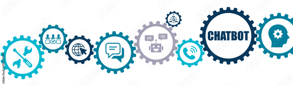 Chatbot Computer program banner vector illustration with the icon of conversation with human user, support, customer service, automation, technology, tools, virtual assistance, artificial intelligence Chatbot Computer program banner vector illustration with the icon of conversation with human user, support, customer service, automation, technology, tools, virtual assistance, artificial intelligence
