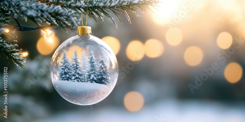 A glass ornament with a house and trees inside. The ornament is hanging from a tree branch. The scene is set in a snowy environment, with the house and trees appearing to be in a winter wonderland