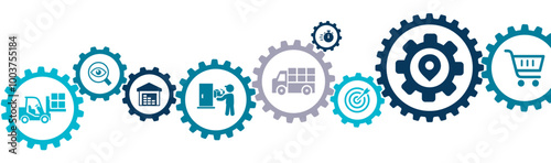Logistic Management banner vector illustration with the icon of complex processing, planning, organizing, control resource, need of customer, efficient flow, storage of goods, service