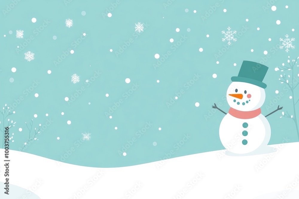 A snow covered landscape with a snowman in the foreground. The snowman is wearing a hat and scarf and has a smile on his face. Concept of winter wonder and joy A snow covered landscape with a snowman in the foreground. The snowman is wearing a hat and scarf and has a smile on his face. Concept of winter wonder and joy
