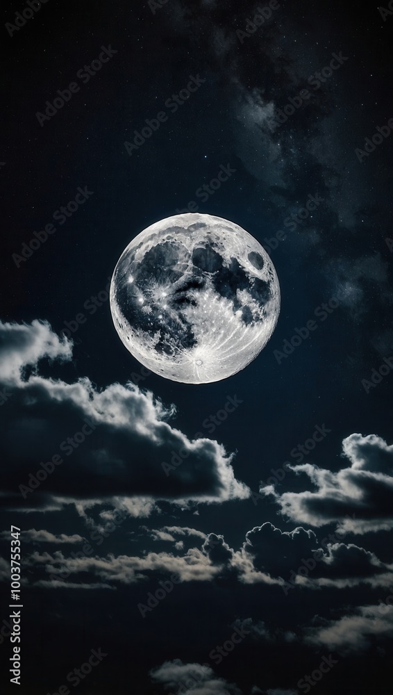 Obraz premium Night sky with full moon illuminating clouds against a solid gray overlay