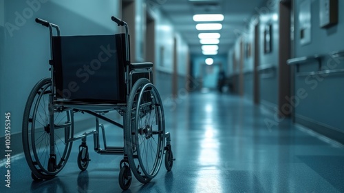 A wheelchair positioned in a hospital corridor, symbolizing care and mobility.