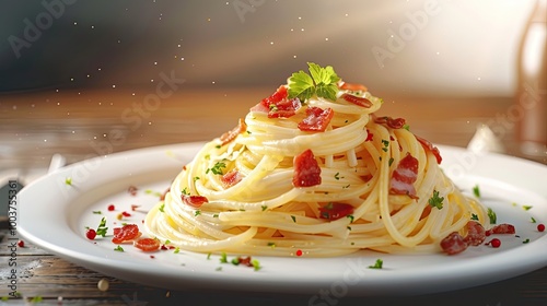 Spaghetti Carbonara with Unsmoked Bacon Pancetta Guanciale Heavy Cream spaghetti alla carbonara food in white plate on the table photo