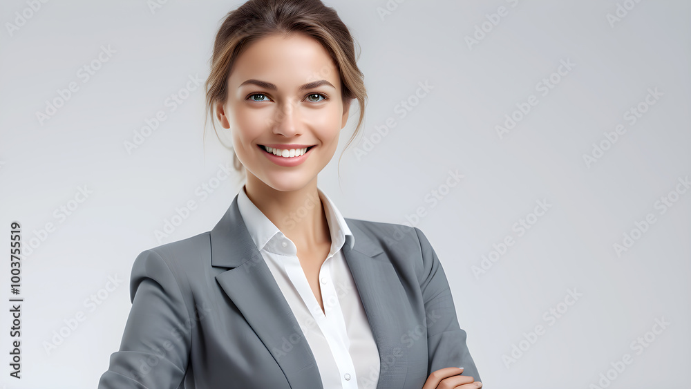 Close up portrait of Young age european smiling businesswoman wearing grey suit with white shirt posed arms crosses confidently visual against grey background Close up portrait of Young age european smiling businesswoman wearing grey suit with white shirt posed arms crosses confidently visual against grey background
