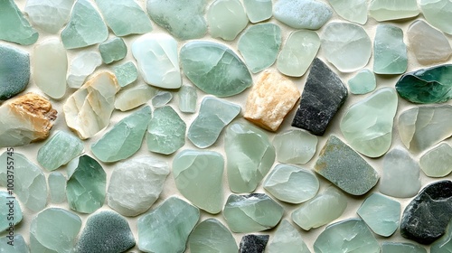 Minimalist mosaic wall of oversized, irregular sea glass tiles, soft hues of seafoam, pale green, and gray, arranged like naturally weathered stones photo