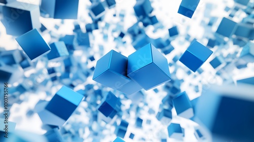 A lot of flying blue cubes on a white background. 3d render illustration.