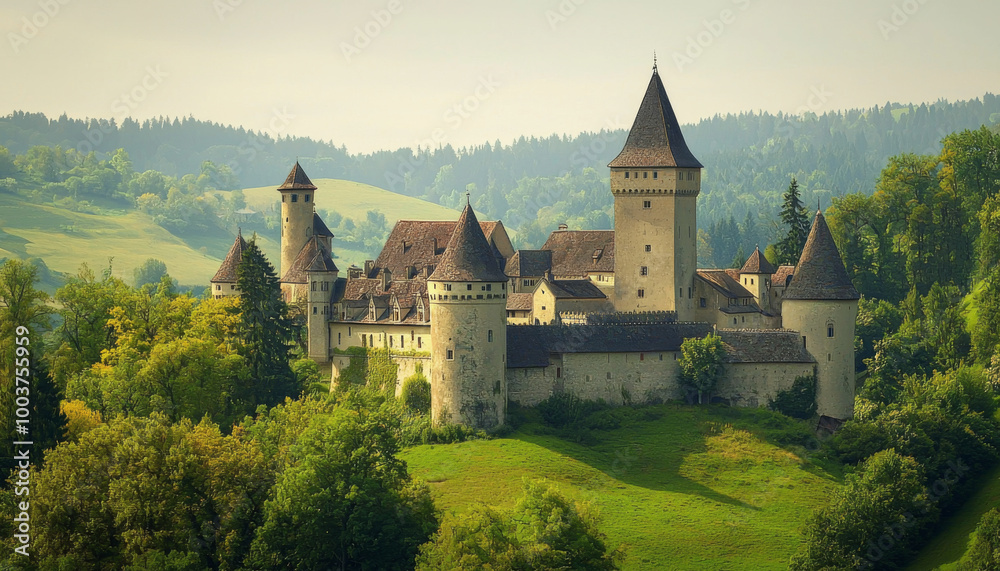 Fototapeta premium A picturesque medieval castle surrounded by lush greenery and hills, evoking a sense of history and tranquility.