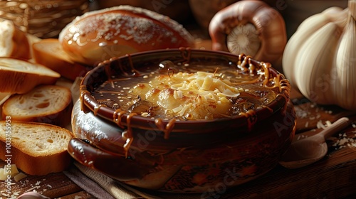 Homemade French Onion Soup with Cheese and Bread photo