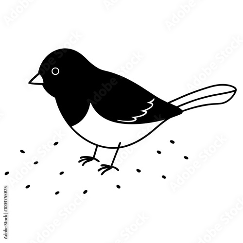 Junco Foraging in Colorful Gardens Vector Illustration of a Bird's Paradise
