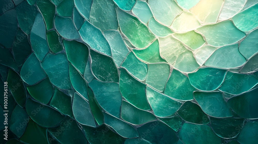 Fototapeta premium Abstract mosaic wall with smooth, sea-glass tiles in shades of green and lavender, resembling ocean waves, captured in soft, diffused light, digital rendering