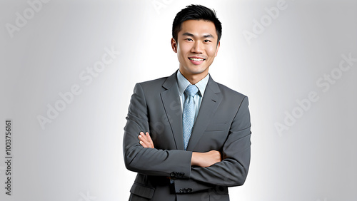 Young age of smiling asian businessman wearing grey suit with light blue necktie posed arms crosses confidently visual against white background