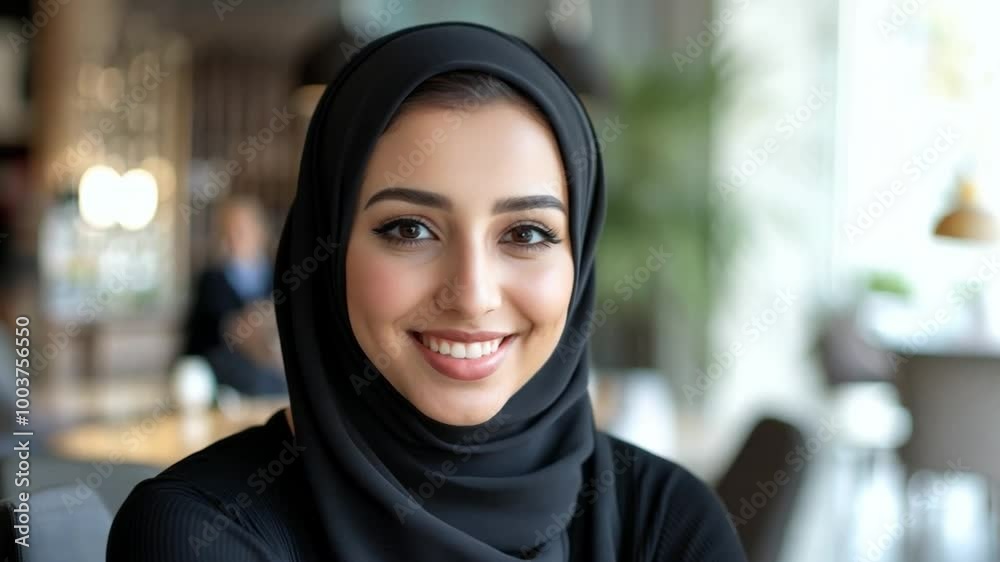 A smiling arabic woman in a black hijab sits comfortably in a cozy cafe setting during daylight hours