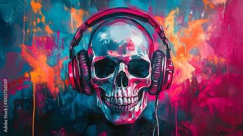 Graffiti-style skull wearing giant headphones, spray-painted neon art all around, gritty urban alley, street culture with vivid splashes of color photo